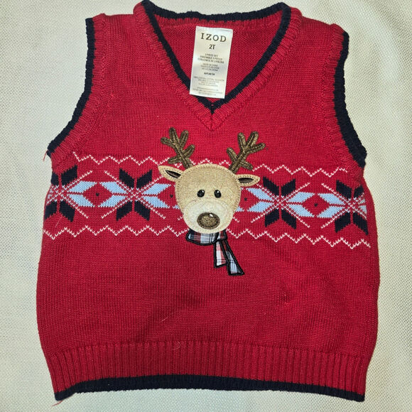 Sz 2T IZOD Red Navy Light Blue Reindeer Argyle Sweater Vest - Picture 1 of 5